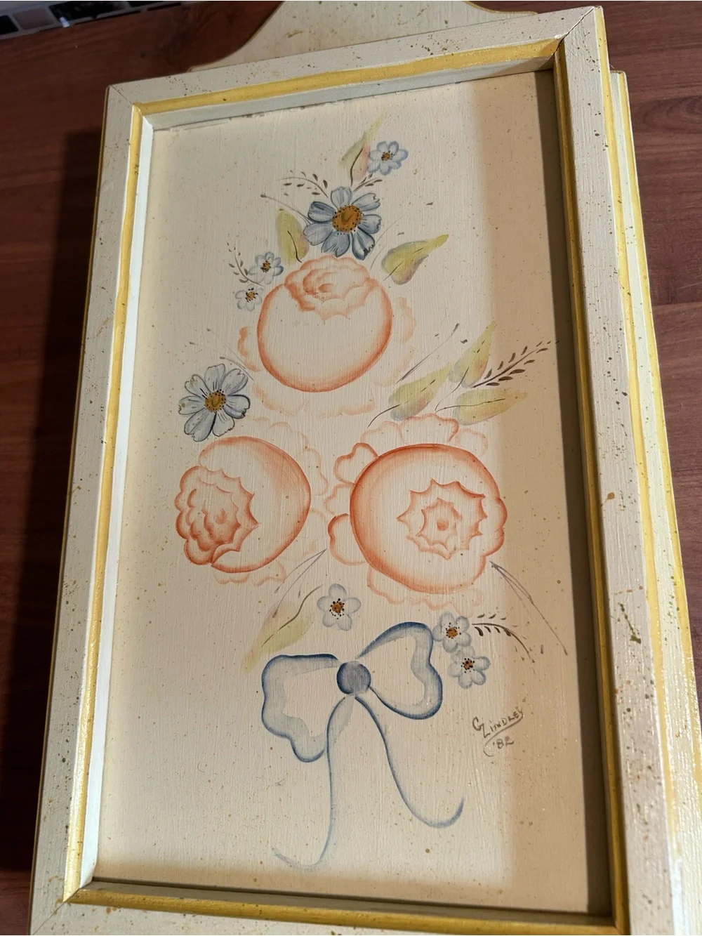 Hand-Painted Floral Wall Jewelry Hanger Cabinet in Soft Yellow and Peach Pink